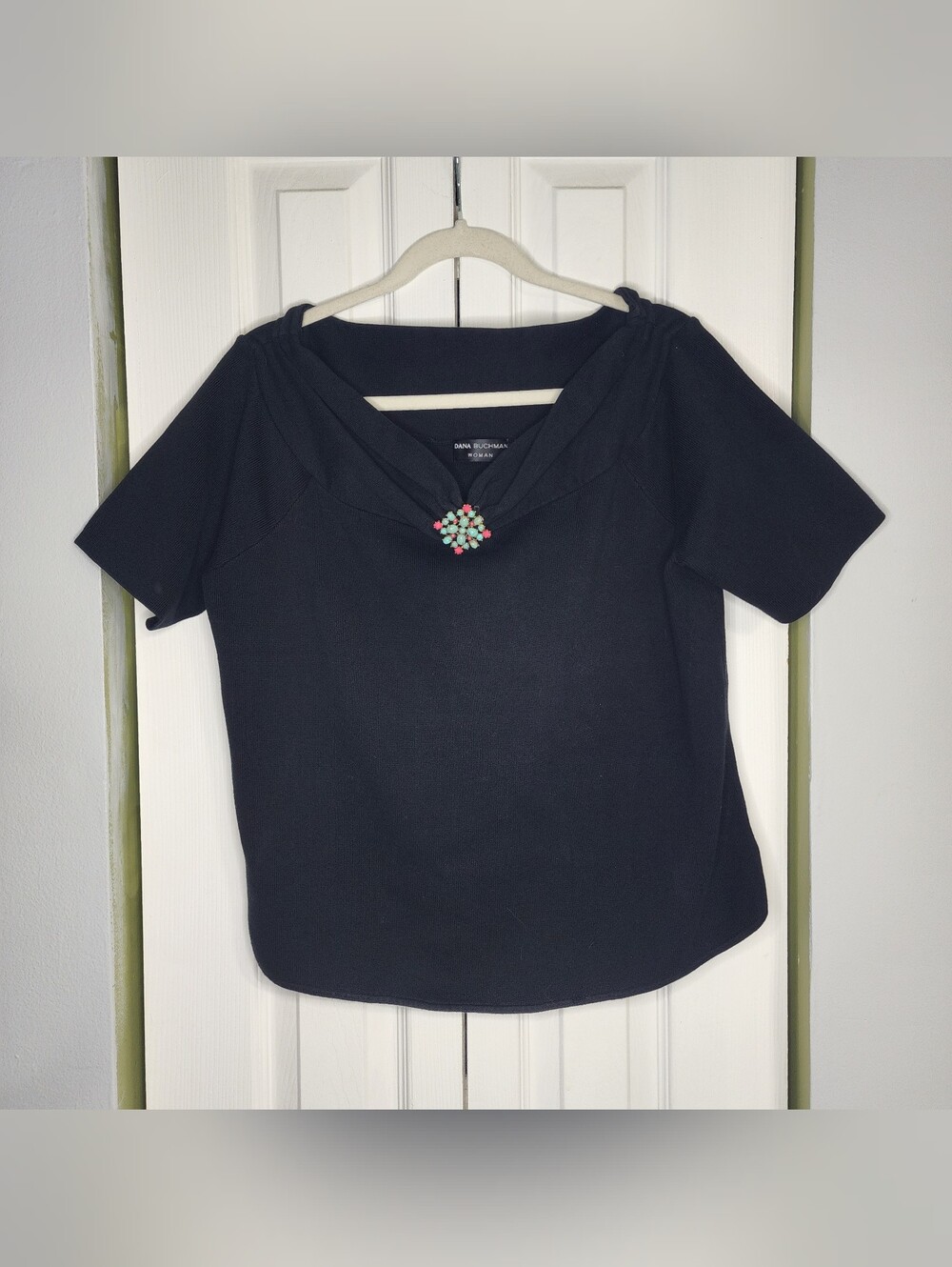 Dana Buchman Black Short-Sleeve Top with Mint & Pink Decorative Brooch